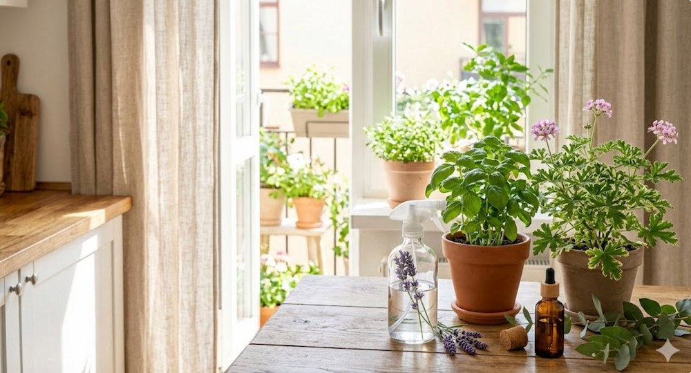 Yakarcadan korunma yolları için balkon veya pencere önünde doğal bariyer oluşturan saksıda fesleğen ve ıtır bitkileri ile doğal lavanta spreyi ve okaliptüs yaprakları.