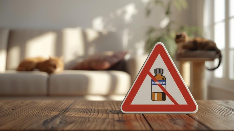 Arka planda evdeki koltukta güvenle dinlenen kediler varken, ön plandaki ahşap masada duran "Permethrin" etiketli şişenin üzerine kırmızı yasak işareti konulmuş uyarı görseli.