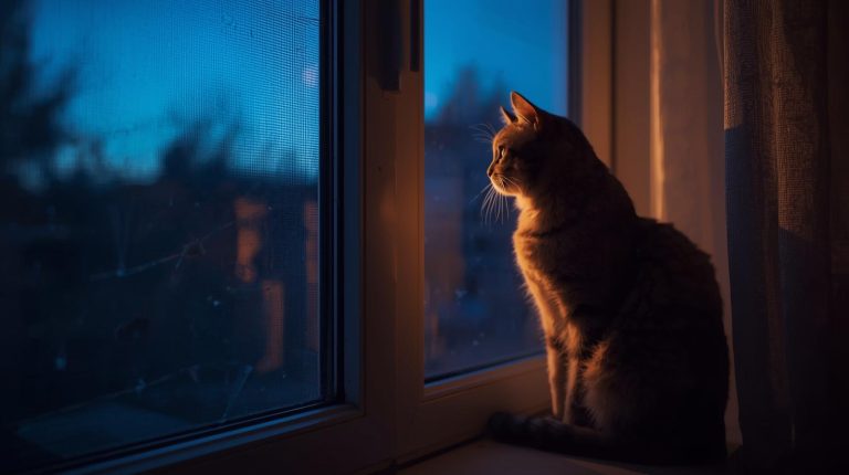 Evden dışarı çıkmayan bir kedi cam kenarında.