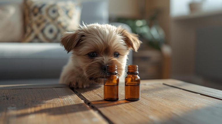 Meraklı bir köpek yavrusu masadaki çay ağacı ve nane yağı şişelerini koklamaya çalışırken, bir insan eli araya girerek köpeği zehirlenme riskine karşı durduruyor.