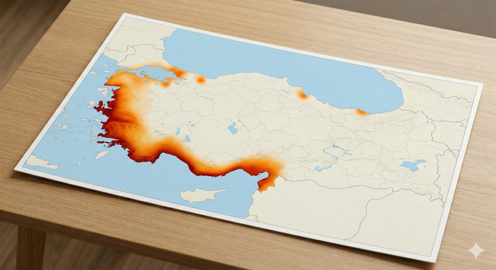 ge ve Akdeniz kıyılarında yüksek riskli (kehribar/kırmızı), İstanbul Marmara kıyılarında ve Adalar'da ise belirli noktalarda riskli (turuncu) bölgeleri gösteren, Türkiye'nin yakarca sineği dağılım ve risk haritası şeması.