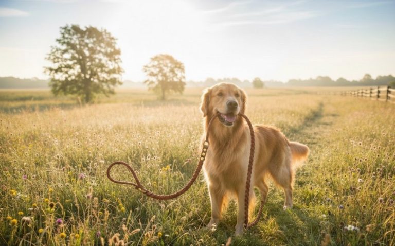Açık havada, yakarca (tatarcık) sineği riskinin bulunduğu yeşil bir alanda gezintiye çıkan ve parazitlere karşı tasma ile korunması gereken Golden Retriever cinsi köpek.
